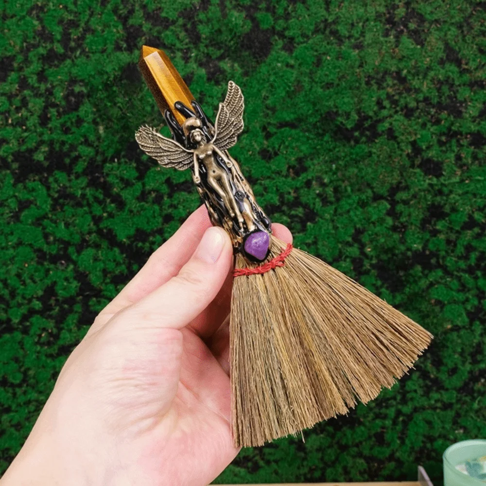 Exquisite Natural Crystal Column Point Stone Broom Handmade Mini Witch Broom Ornaments Rough Stone Broom Craft Psychic
