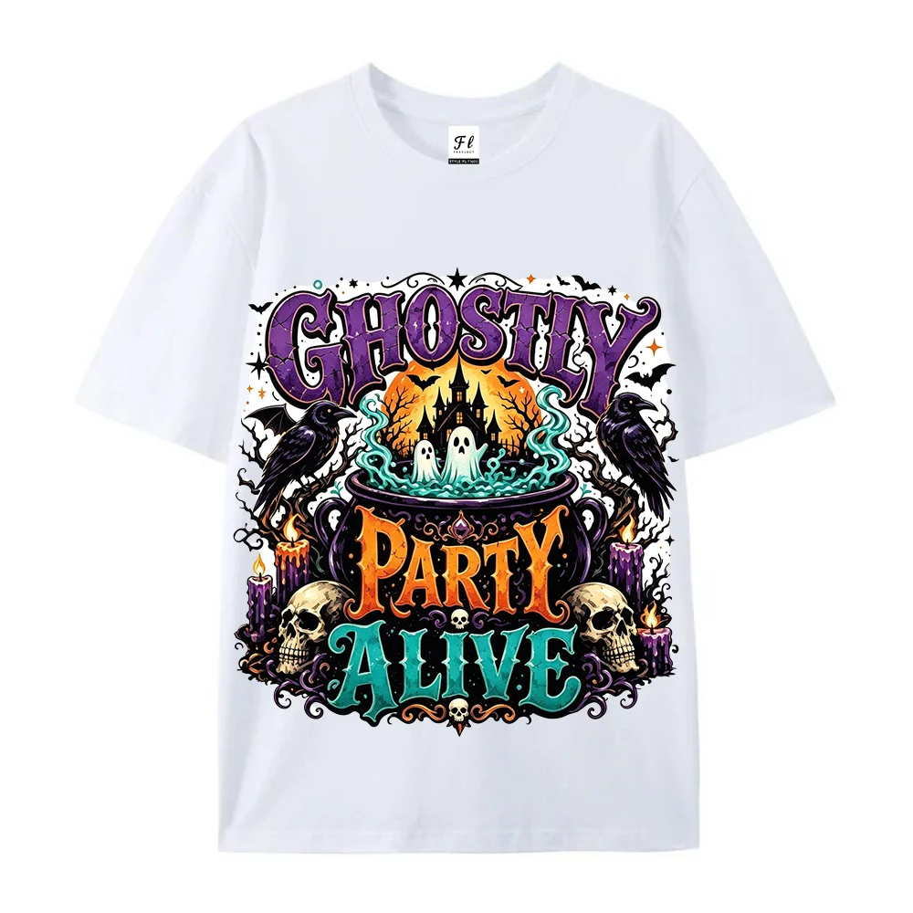 Ghostly Party Alive Halloween Graphic T Shirt Spooky Cauldron Skull Crow Ghost Print Oversized Short Sleeve Tees Casual Holiday