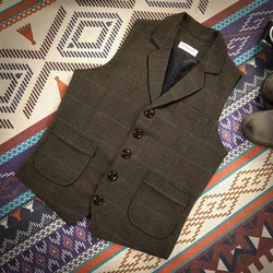 Men's Vest Steampunk Formal Green Black Male Springs Plaid Herringbone Wool Tweed Vintage Waistcoat Vests for Men Dress 2022