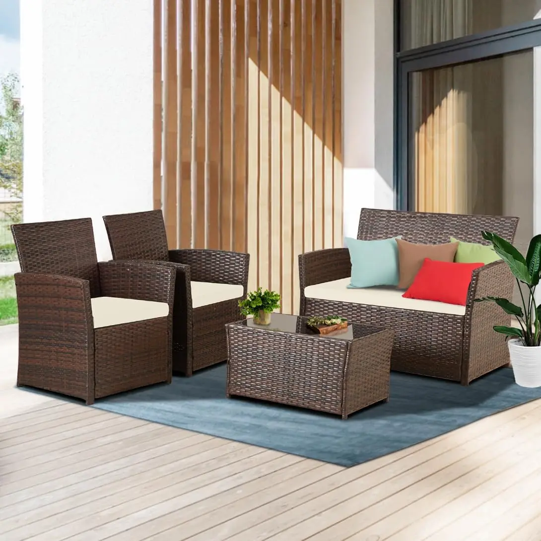 4 Piece Outdoor Patio Furniture Sets, Wicker Conversation Sectional Set, Rattan Chairs with Table and Loveseat