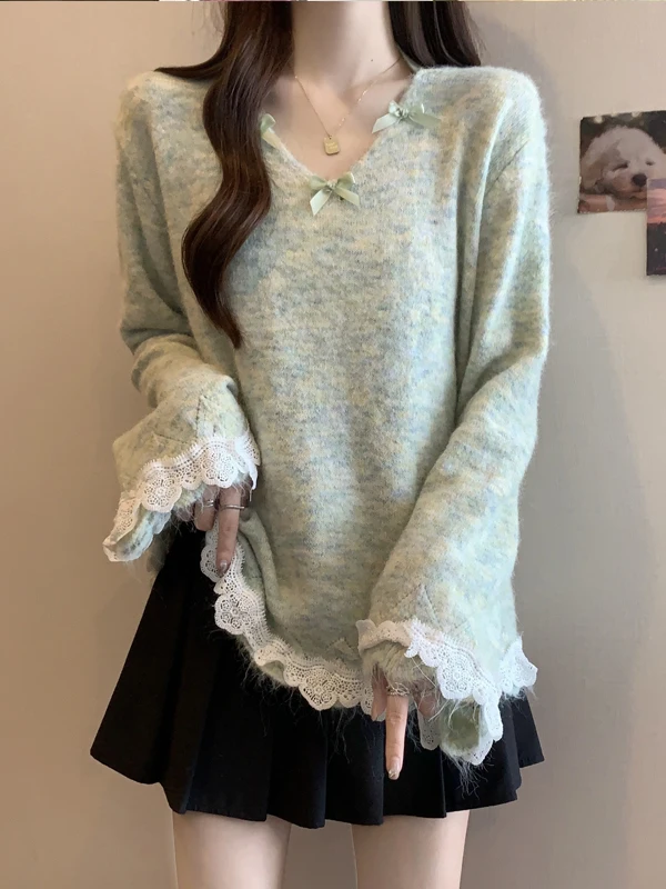 

Light Green Cashmere Knitted Sweater V-Neck Hanging Neck Lace Trim Women's plus Size Autumn Fashion Top Korean Style Loose Fit