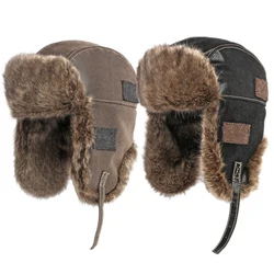 HT4098 Russian Hat Thick Warm Leather Winter Hat Men Women Windproof Fluffy Fur Bomber Hat Ski Earflap Cap Russian Ushanka Hat