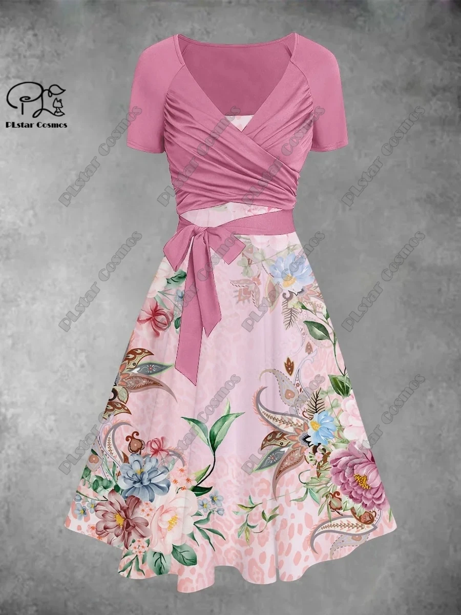 3D Printed Flower Color Gradient Floral Summer A-Line Suspender Skirt Bow Twill Top Ladies Two-Piece Set Series   1