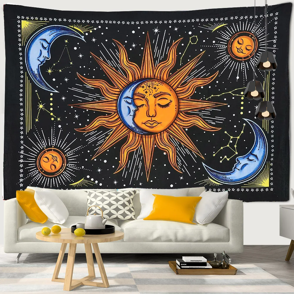 Sun and Moon Tapestry Mystic Fractal Faces Bohemian Psychedelic Star Constellation Wall Hanging for Living Room Bedroom Decor