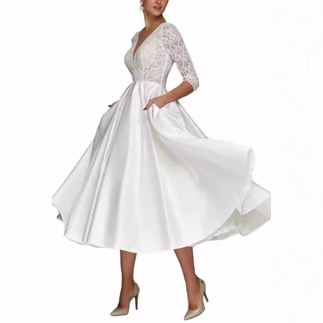 

2025 New Sle Deep V Lace Midi Dr Pure Color Faionable Wedding Dr Sve Length: 3/4 Length Scene: Par Material: P...