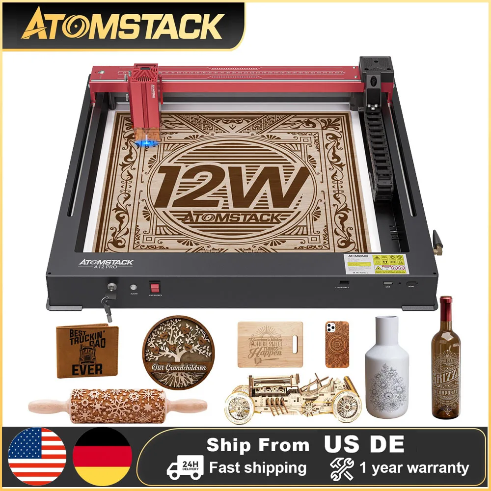 AtomStack A12 Pro Desktop Laser Engraver Cutter 12W Optical Power Installation-Free Offline Engraving Metal Cutting Wood Acrylic