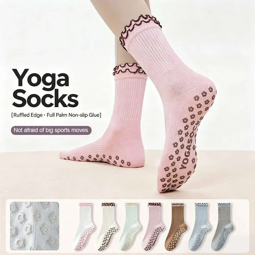 Calcetines de Pilates de Algodón para Mujer, Antideslizantes, Transpirables, de Media Caña, con Doble Borde Ondulado, Calcetines de Alta Elasticidad para Yoga y Danza