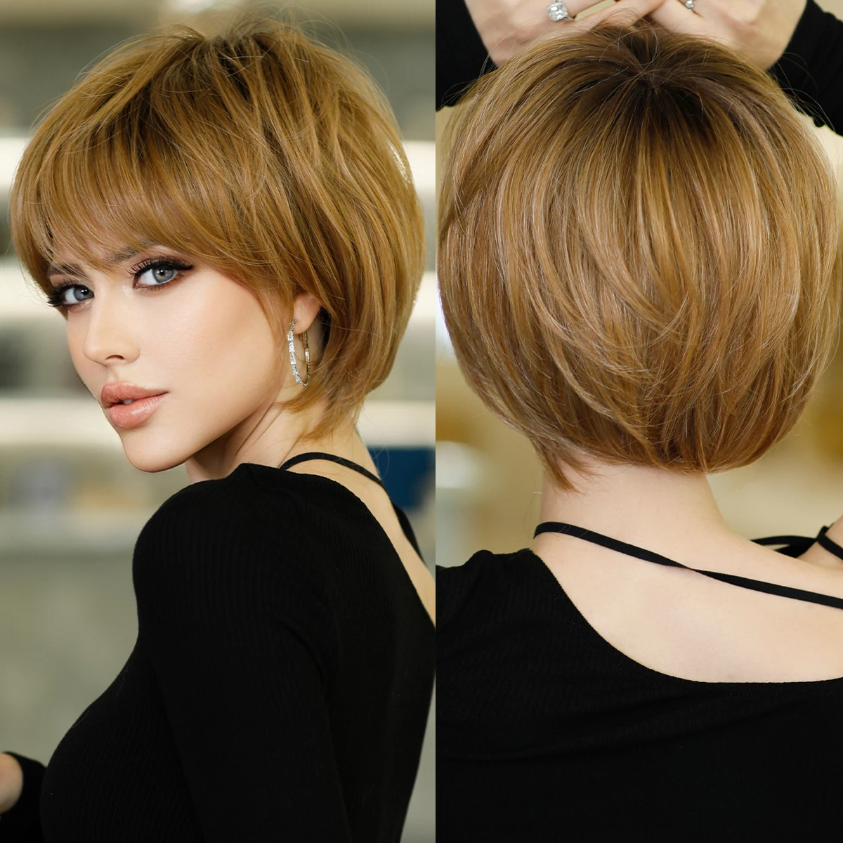 7JHH WIGS Short Bob Wig Ombre Blonde Wig for Women Daily Party Natural Synthetic Hair Wig with Bangs Heat Resistant Fiber