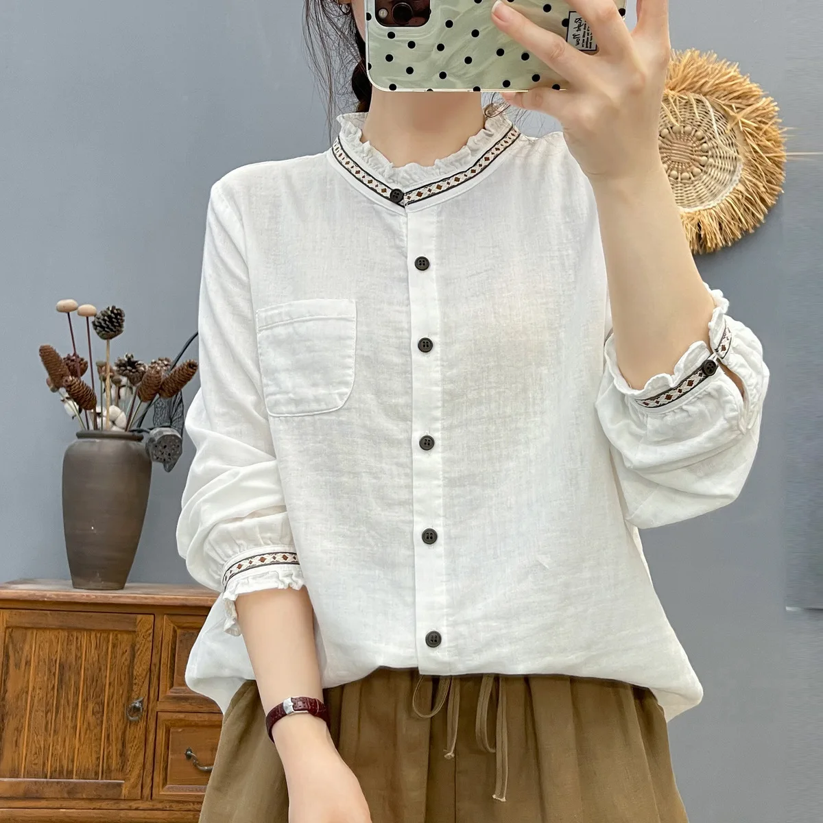 

[Готовый запас] Высококачественная женская блузка из 100% хлопка, рубашка, уменьшение возраста, кружевной воротник, лямка, длинный осенний новый узкий топ, кардиган