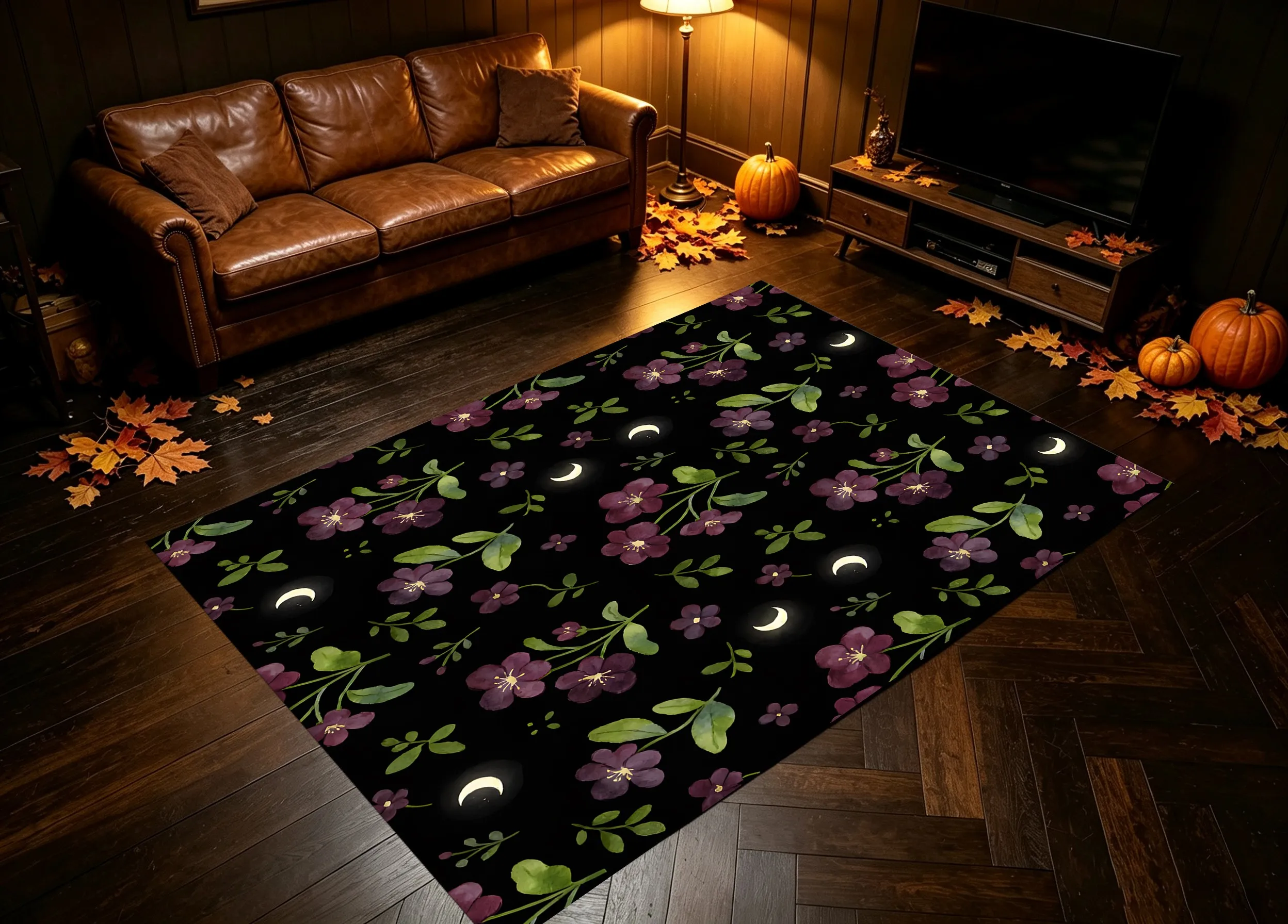 Velvet Rug Dark Crescent Moon Purple Floral Vintage Style for Entryway Bedside Home Decor