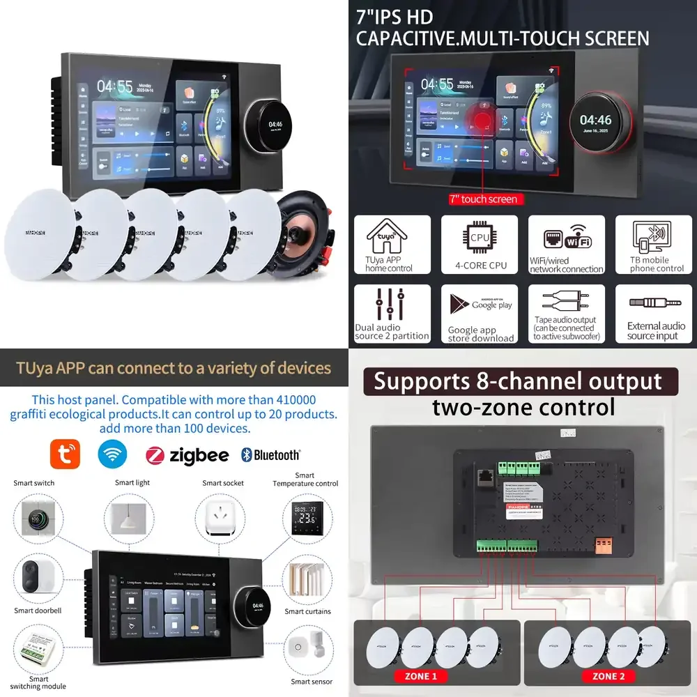 

Smart Home Background Music System 7-Inch Touch screen Control Panel 8 channel wall Amplifier with Ceiling Speaker