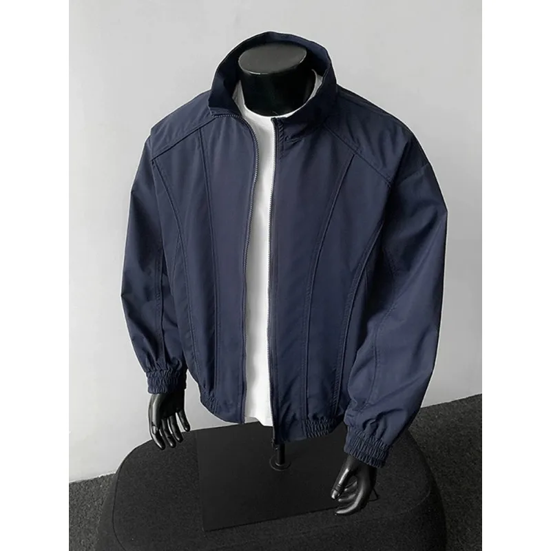 2025 New Men's Navy Loose-fit Stand Collar Jacket Windproof Casual Streetwear Bomber Coat Zip-up Outerwear for Spring Autumn
