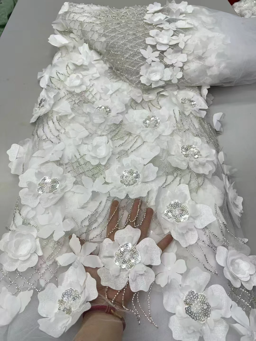 

new 3d three-dimensional flower embroidery, lace lace bead net fabric, high-end fashion wedding dress dress fabric