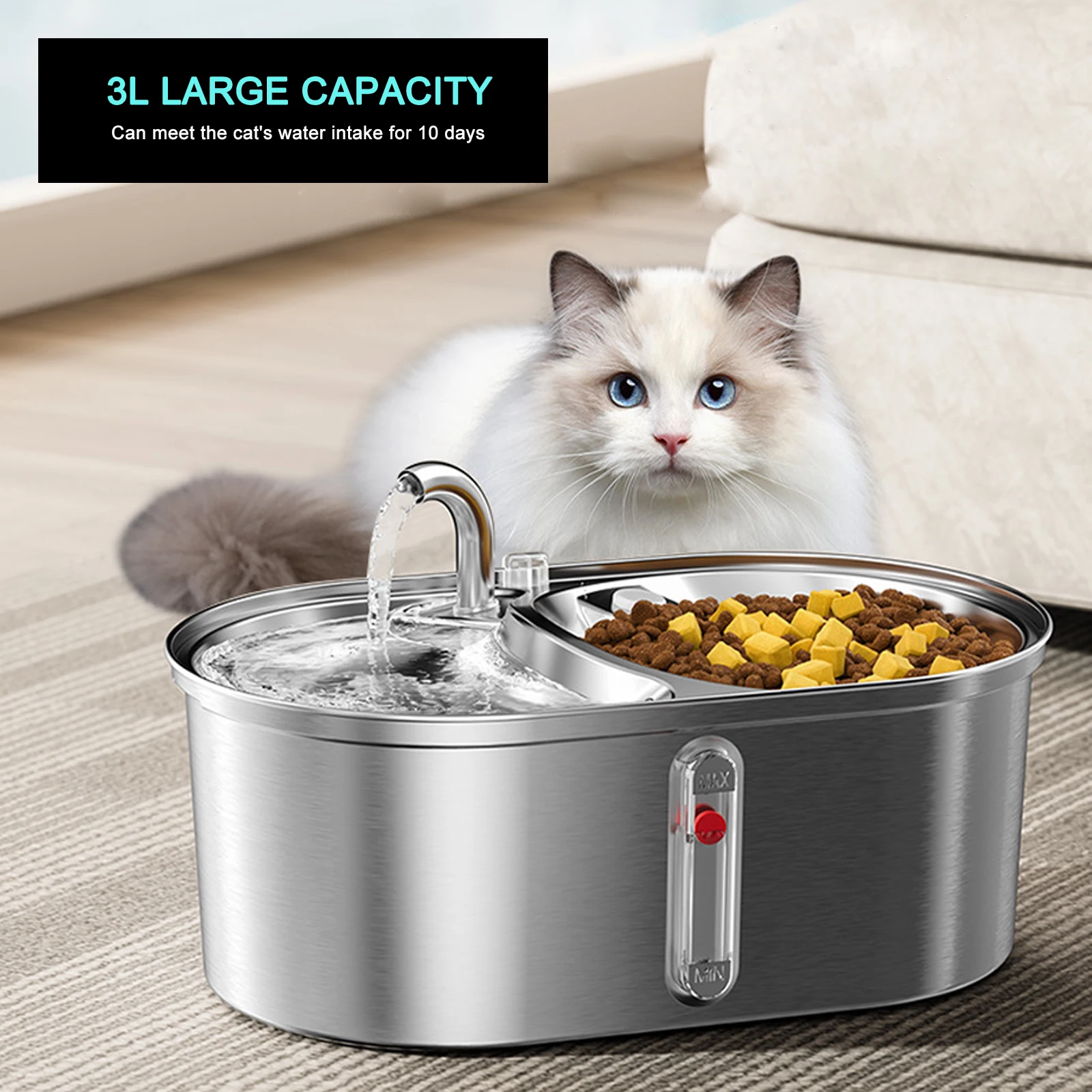 

3L Auto Cat Water Fountain & Feeder 2 In 1 Stainless Steel Double Bowl Pet Feeding Drinking Dog Water Dispenser Ultra-Quiet Pump