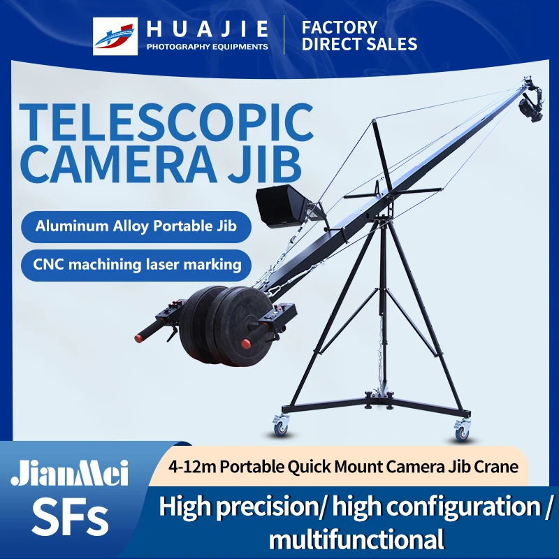 Jianmei SFs-4m/6m/8m braço telescópico câmera jib guindaste com cabeça pan-tilt de dois eixos compatibilidade para filmes e transmissão ao vivo