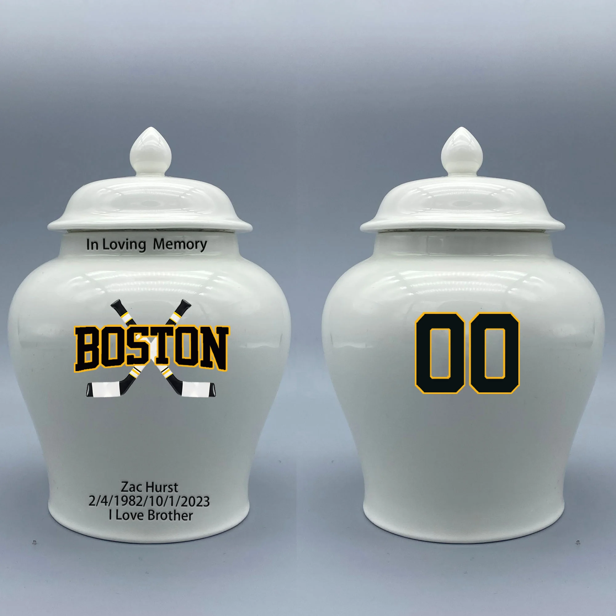 

Medium Urn for Boston Bruins-themed Hockey Urn.Please send me the customize information-name/date and number on the urn