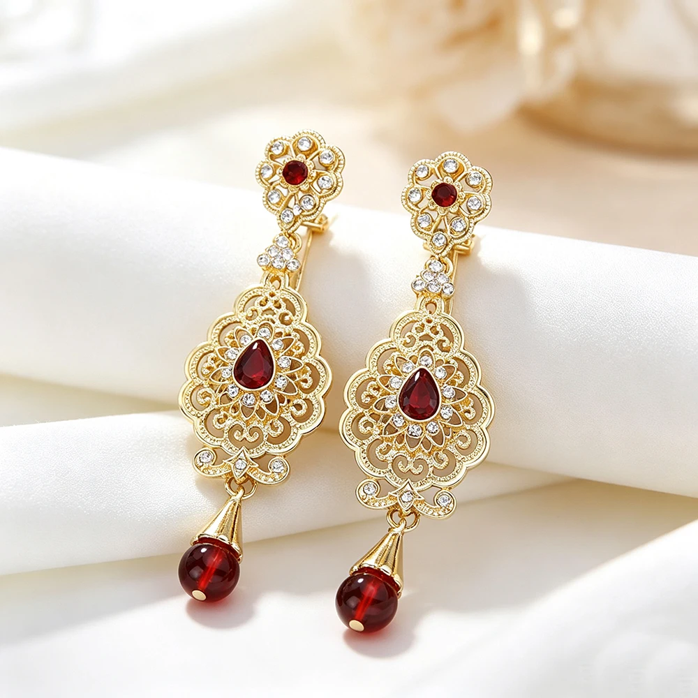 Sunspicems Gold Color Drop Earrings Moroccan Arabic Hollow Rhinestone Dangle Earrings Long Tassel Jewelry For Women Gift