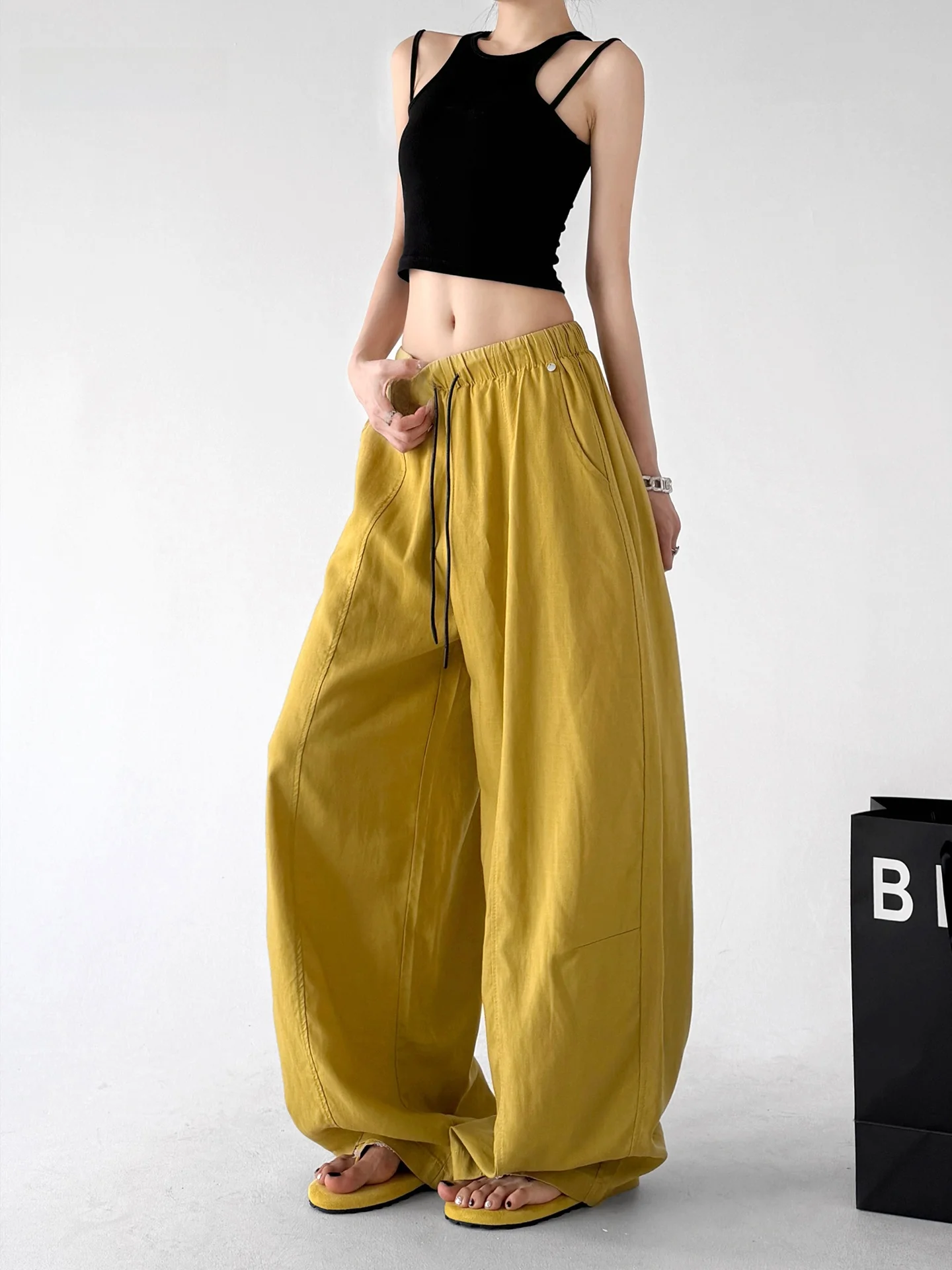 

High Waist Wide Leg Pants Women's Casual Thin Street Dance Yellow Dopaamine Summer 2026 Loose Fit Trousers for Ladies