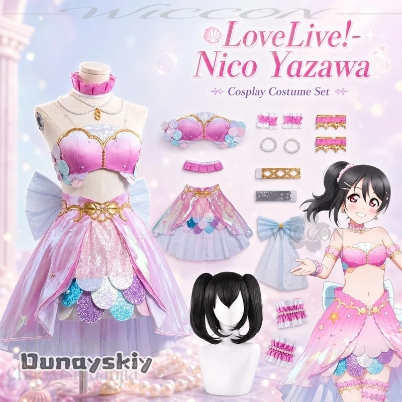 Anime Game LoveLive! Cosplay Nico Yazawa Mermaid Carnival Idol Stage Performance Outfit Fashion Cute Dress Sweet Lolita Party