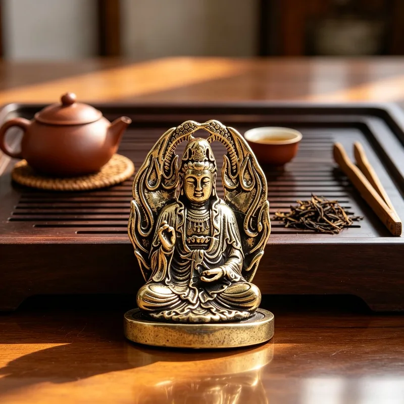 Vintage Brass Seated Guanyin Bodhisattva Statue, Dragon Halo Kwan-yin Figurine on Round Base, Mini Desktop Ornament view 3