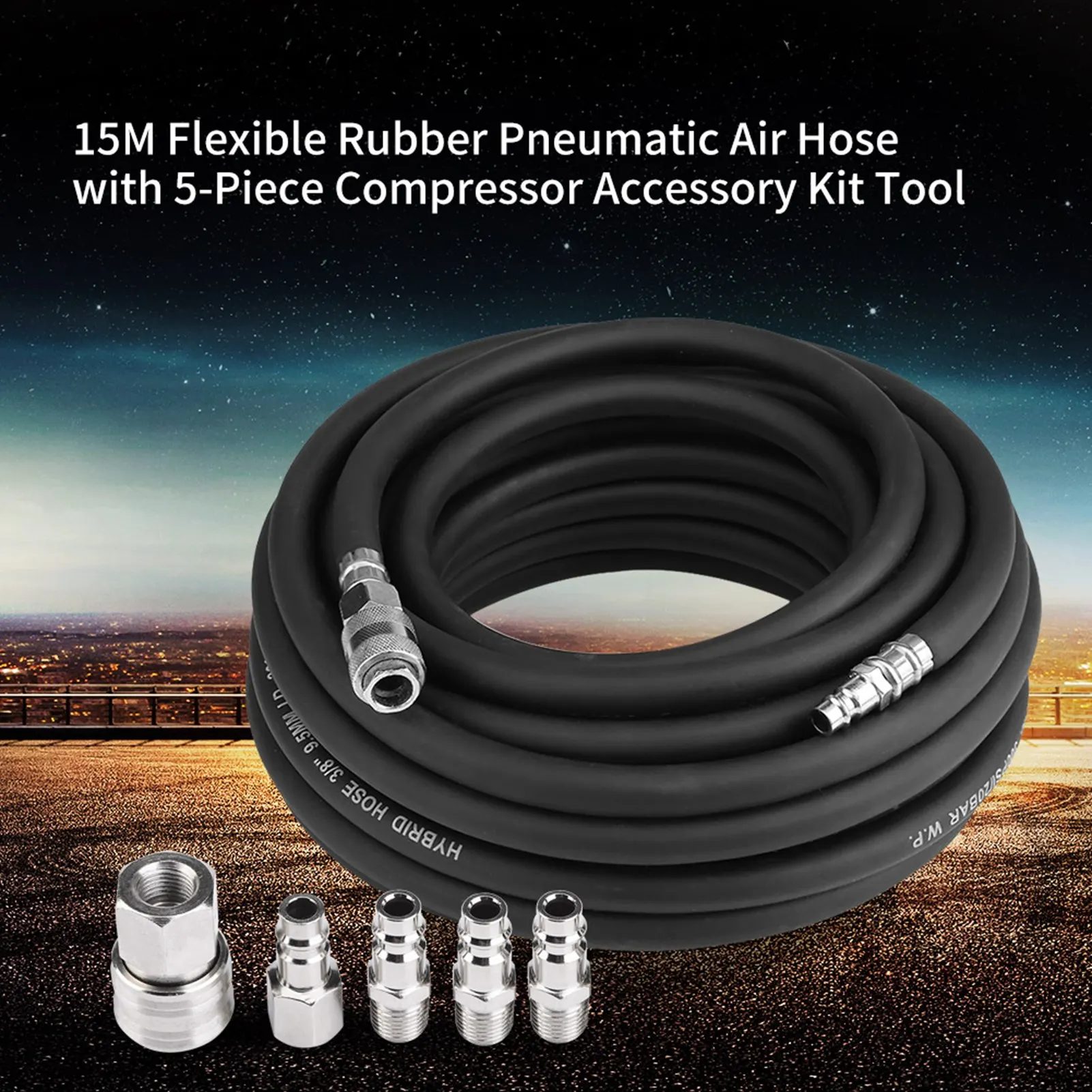 

15M Flexible Rubber Pneumatic Air Hose with 5‑Piece Compressor Accessory Kit Tool Air Compressor Hose Accessory Air Hose kit