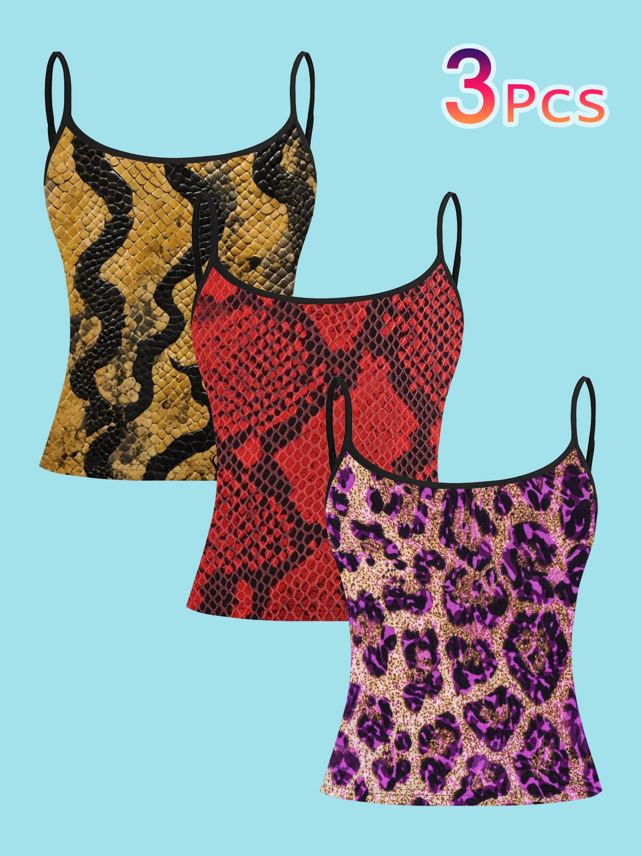 3-Pack Snake Skin Pattern Leopard Print Thin Camisole Tank Tops in Yellow, Black, Red, Purple Leopard Print, Three-Color Animal Print Slim Fit Sleeveless Tops, Y2K Cool and Stylish Inner Wear or Outerwear Base Layer