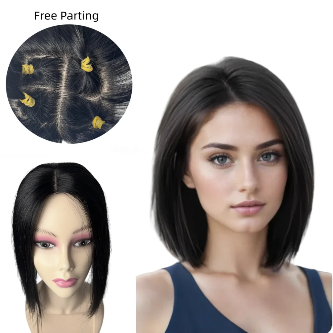 

Топперы на шелковой основе для женщин, 10-16 дюймов, заколки для наращивания волос, прямые натуральные черные реалистичные шиньоны для кожи головы