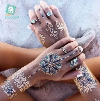  Flash Metallic Waterproof Temporary Tattoo Gold Silver Tatoo Women Henna Flower Taty Indian Arabic Tattoo Sticker