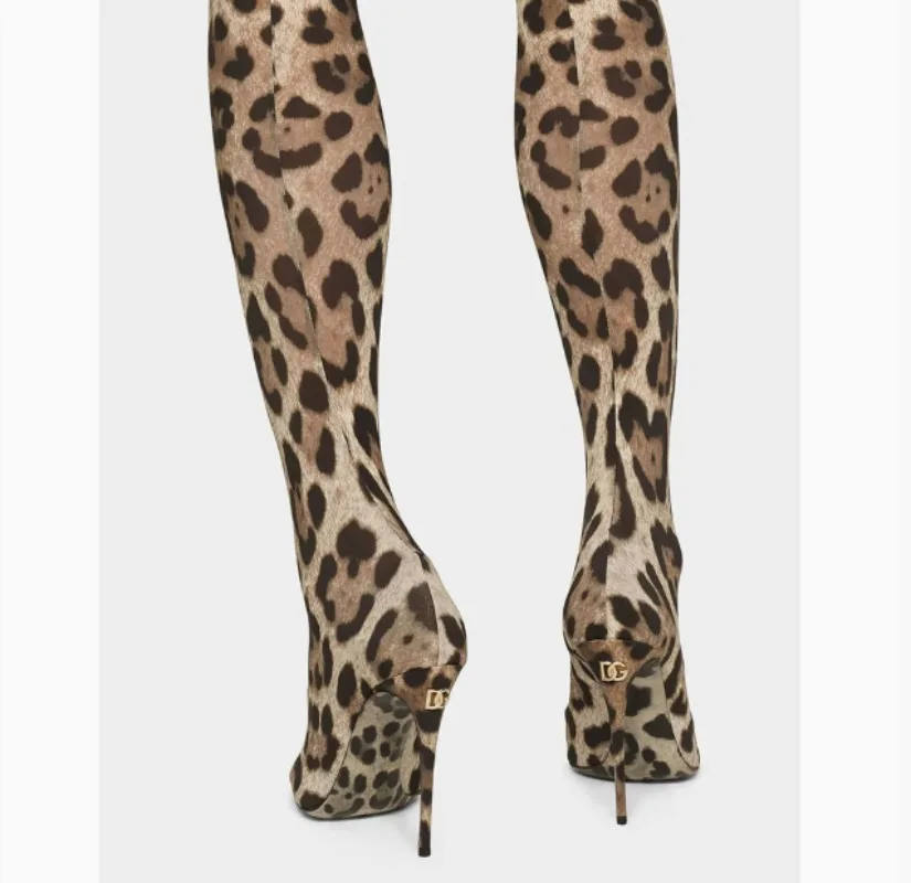 Ladies Over The Knee Women Boots  Super High Thin Heels Leopard Woman Long Boots Size 34-43