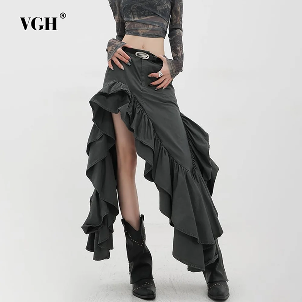 

VGH Solid Patchwork Pockets Casual Denim Skirts For Women High Waist Spliced Ruffles Loose Irregular Hem Skirt Female Fashion