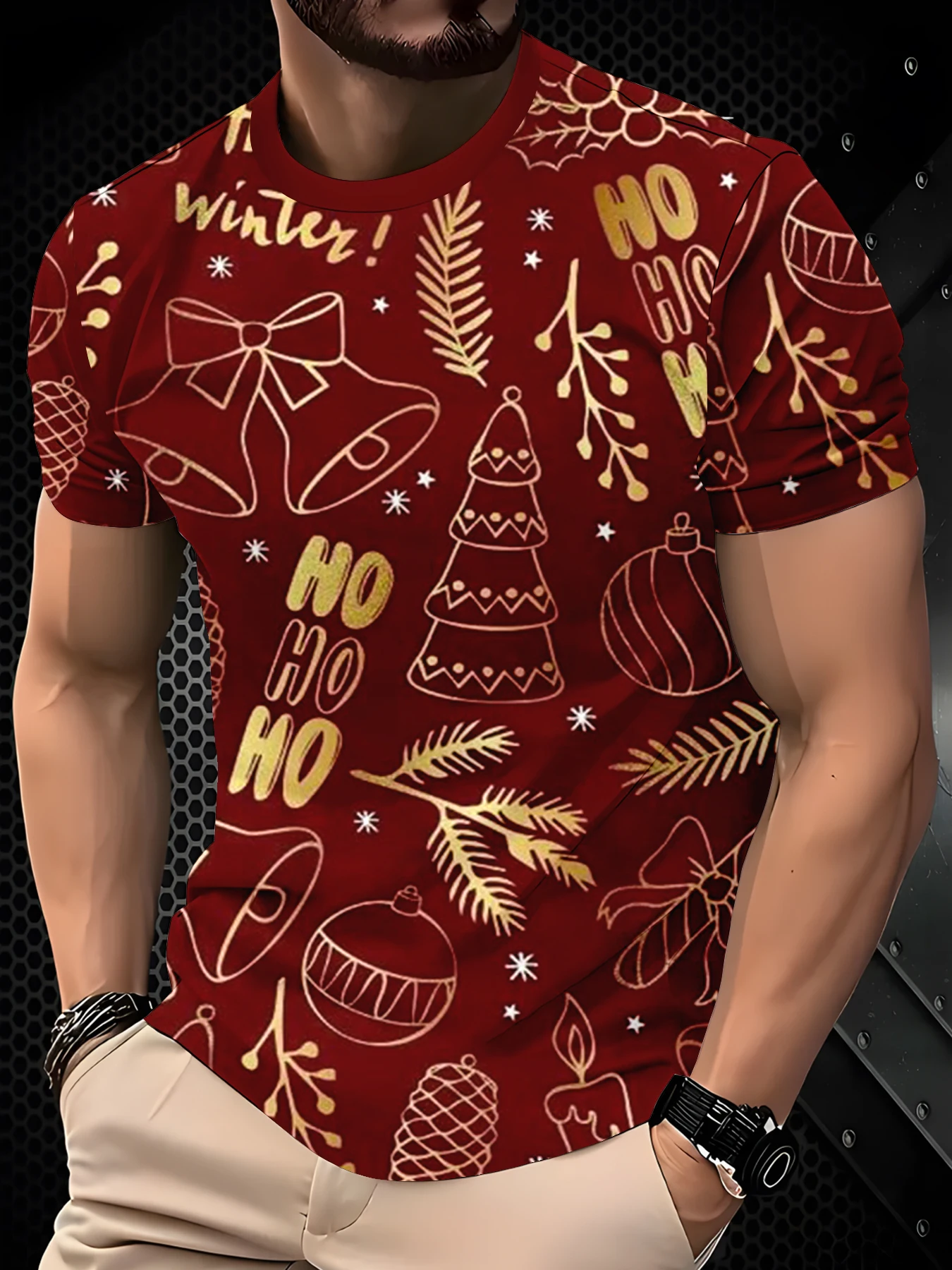 Crew Neck T-Shirt For Men, Red Background Christmas Tree Bauble Line Sketch Pattern