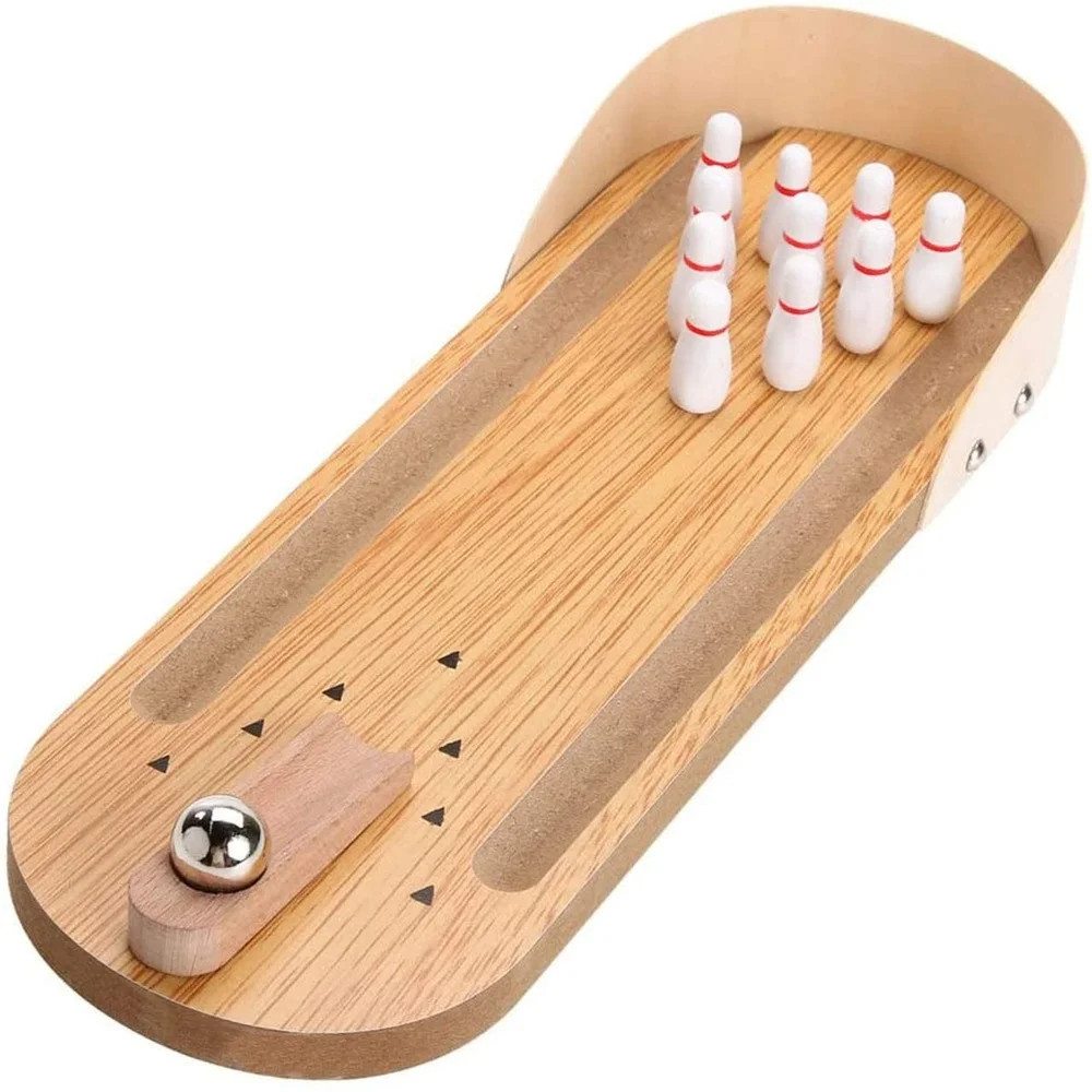 Mini Bowling Game Set with Wooden Board, Tiny Bowling Office Desk, Stress Relief Gadgets, Adults and Kids