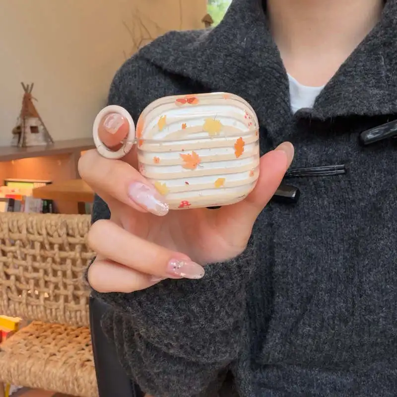 

Korean Stripes Maple Leaf Earphone Case For Apple Airpods 4 3 2 Pro 3 Protective Cover Soft Silicone Cute Headphone Charging Cas