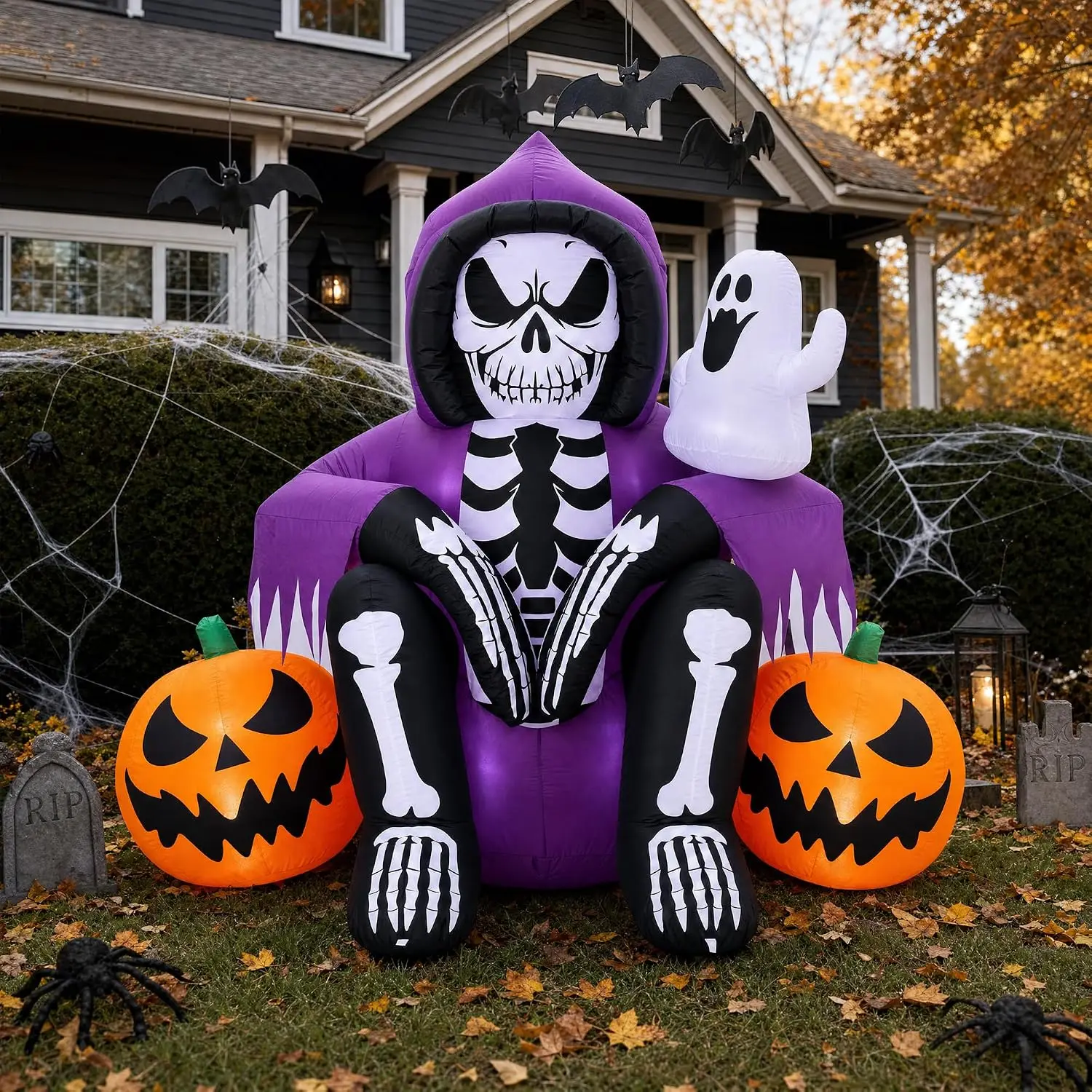 Halloween Inflatable Pumpkin Skeleton Yard Decor - 6.5ft Outdoor Blow Up Lawn Decoration, Built-In Air Blower, Warm LED Lights, Easy Setup for Garden & Yard
