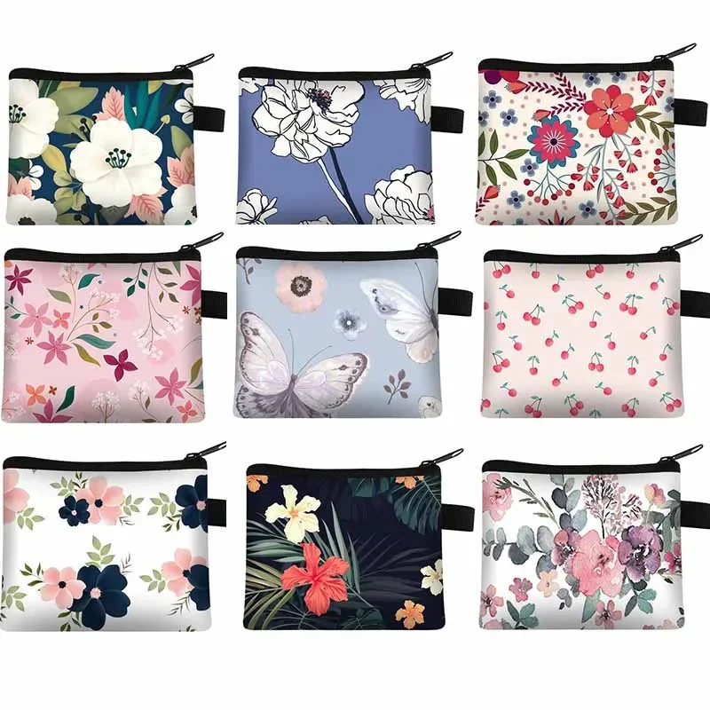 Portátil Pano Flor Impressão Coin Bags, Bolsa, ID, Ônibus, Titular do cartão de crédito, Dinheiro, Batom, Fone de ouvido Organizer, Bolsa Clutch Wallet Bag