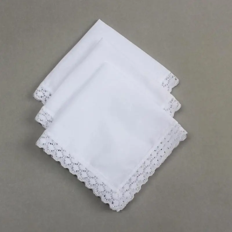 R7UF Portable Hankie Women Handkerchief Cotton Lace Trim Super Soft Washable Hanky