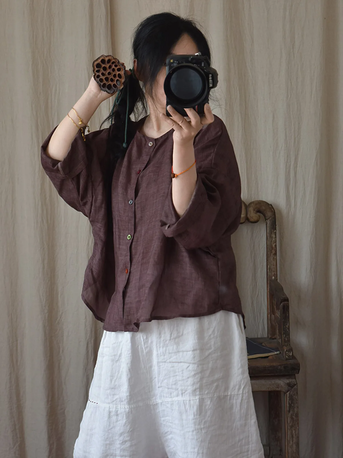 Mulheres verão leve sheer botão camisa manga longa cardigan ramie retro em torno do pescoço solto curto topos blusa alta e baixa