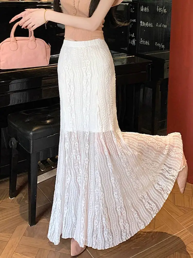 Media falda calada de encaje blanco para mujer, falda larga de sirena ajustada plisada drapeada elástica de cintura alta de verano