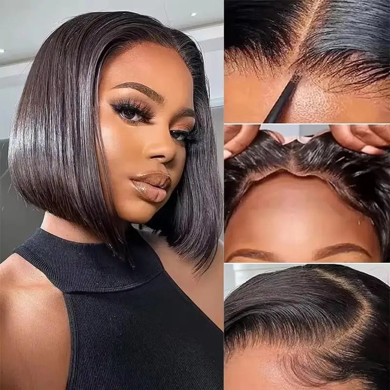 4X4 Put On and Go Bob Wigs Malaysia Hair Straight Bob Wig Natural Black 10-16 Inch  Pre-Cut Lace Straight Bob Wigs For Women