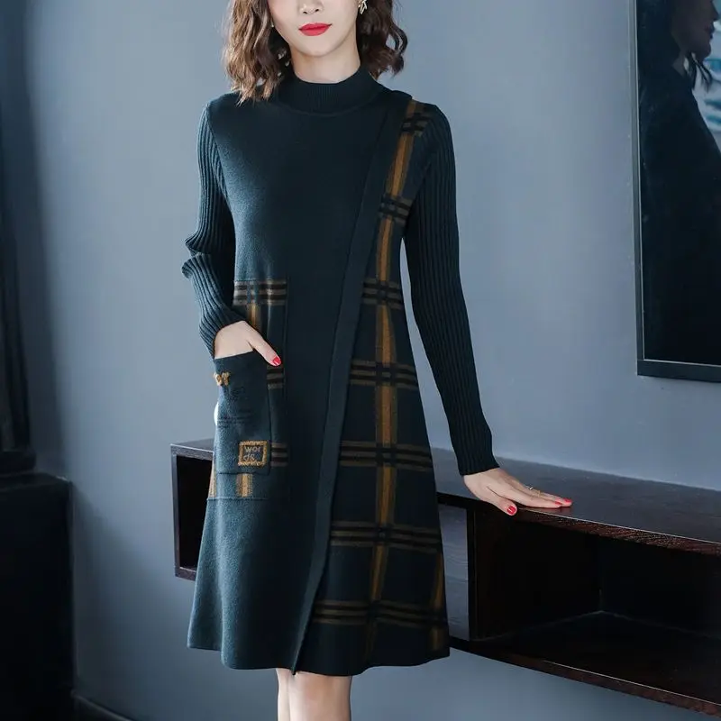 Korean Plaid Spliced Pockets Dresses Autumn Winter Chic Asymmetrical Casual Half High Collar Knitted Midi Dress Female Clothing