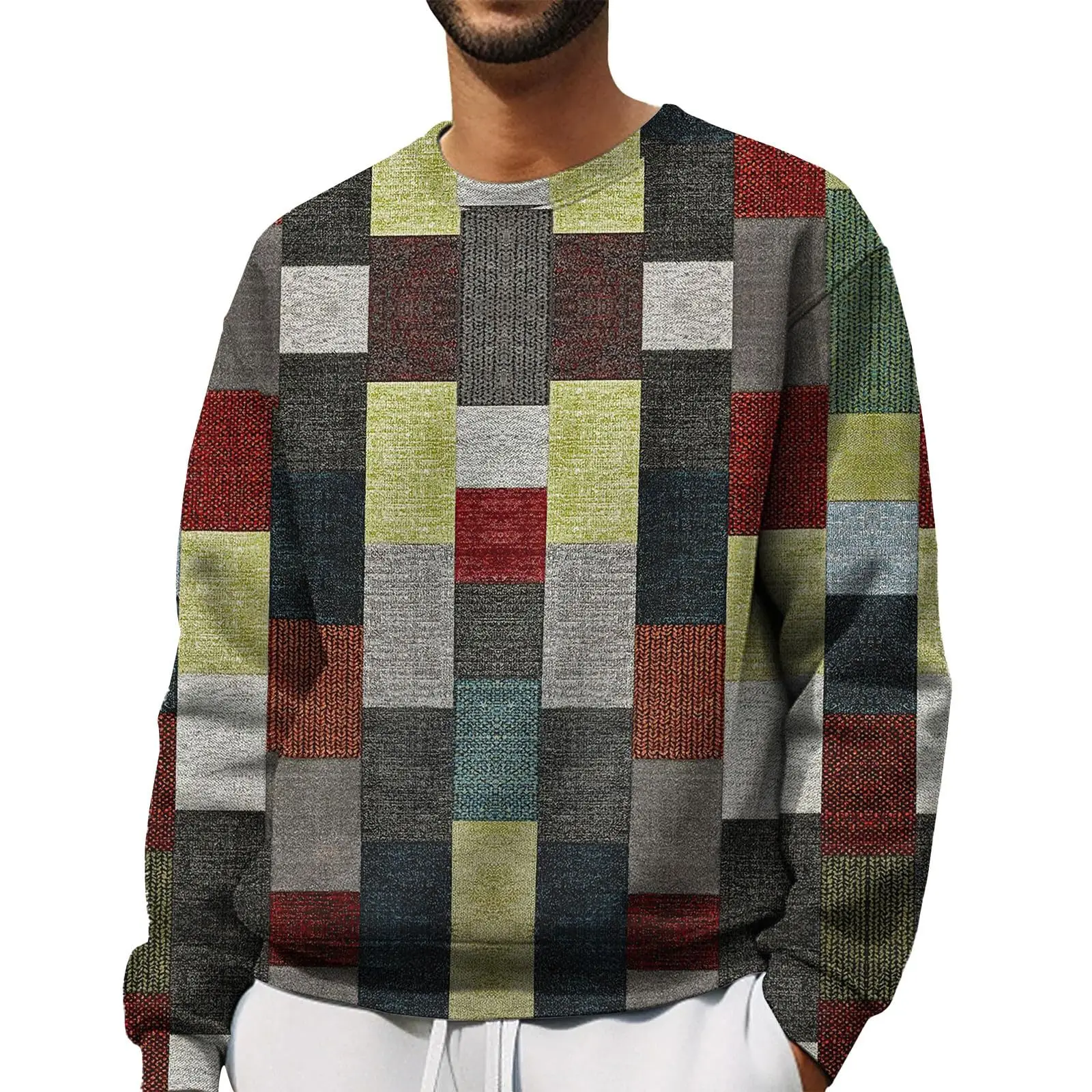 Moletom masculino com gola redonda, camiseta xadrez 3D de manga comprida estampada, moletom solto com gola redonda, tamanho grande, tops masculinos