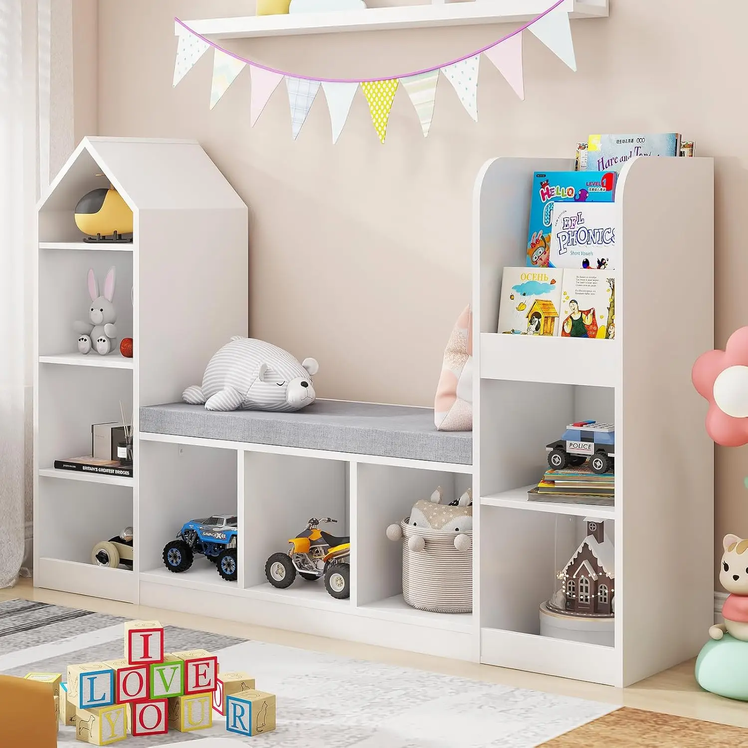 Bookcase and Bookshelf with Reading Nook, Toy Storage Organizer for Kids, White Bookcase with 9 Storage Cubbies and Seat Cushion