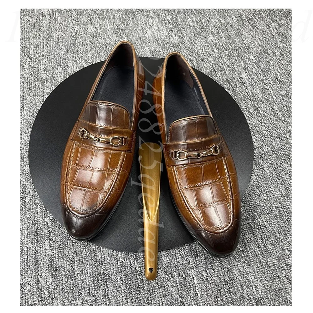 Men's Hand-Polished Crocodile Embossed Loafers Brown Burnished Leather Slip-On Dress Shoes for Luxury Formal Classic Daily Wear