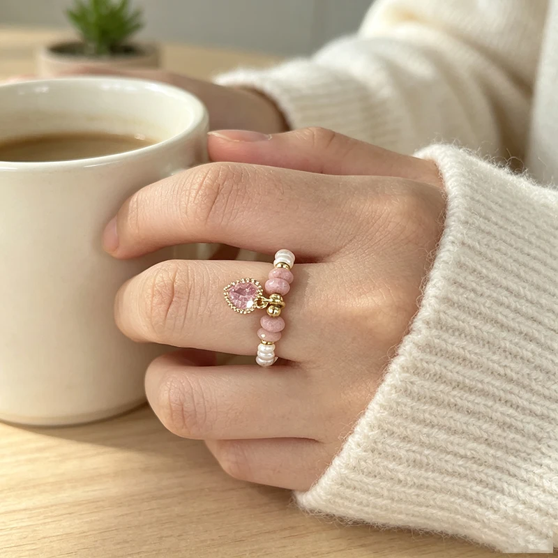 Freshwater Pearl Ring, Natural Jade Powder Diamond Heart Pendant, Elastic Ring