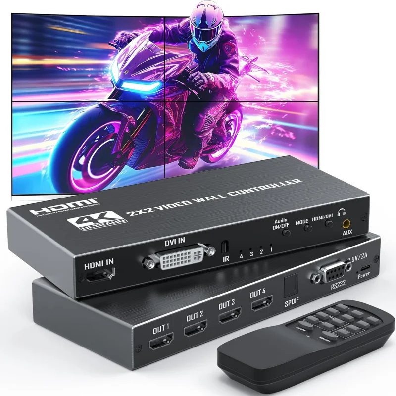 2x2 Video Wall Controller Processor HDMI/DVI 1080P@60Hz 9 Splicing Modes 180° Rotate for 4 Monitors Display Full Page
