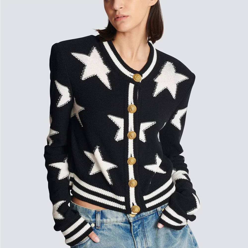 Imagem -03 - Cardigan com Estampa Estrelada para Mulheres Decote o Manga Comprida Single-breasted Design Casual Primavera 2023