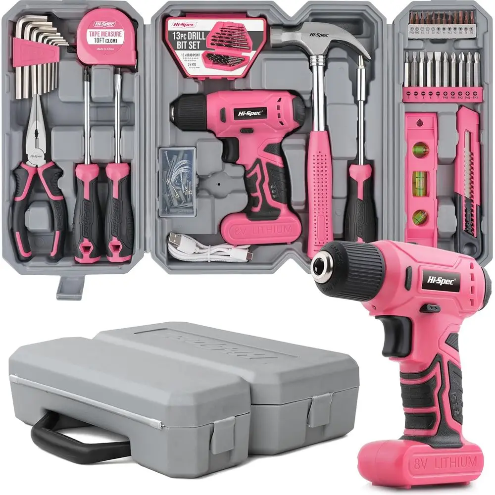 

8V USB Cordless Electric Drill and Tool Kit for Women, Includes Screwdrivers, Bits, Pliers, Hammer in Portable Case