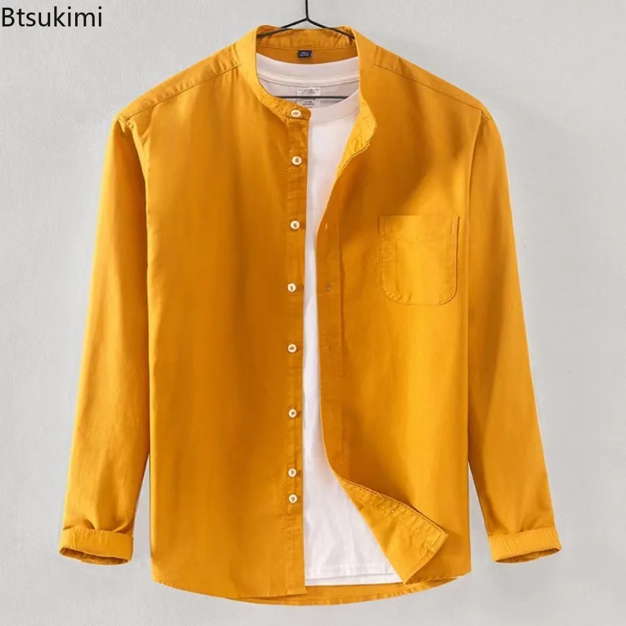 2025 جديد 100% القطن أكسفورد نسج القمصان للرجال النمط الصيني الوقوف طوق كم طويل قميص معاطف تنفس الرجال البلوزات غير رسمية #3