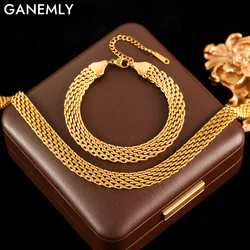 GANEMLY 316L Stainless Steel Metal Wide Chain Necklace Bracelets Waterproof Jewelry Set Gold Color Chain Charm Jewelry Set Gift