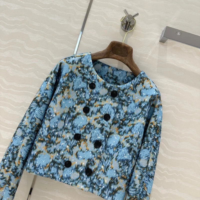 2024 Autumn/Winter Women's Blue Jacquard Round Neck Coat with Double breasted Elegant Retro Office Women's Coat Luxury Top